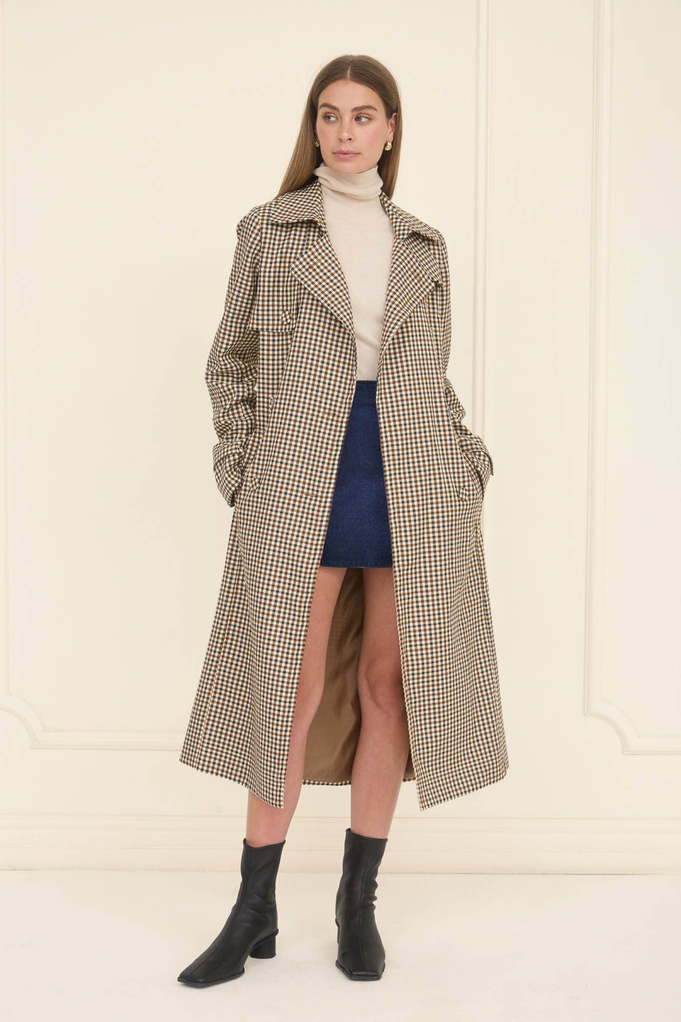 PLAID BELTED TRENCH COAT