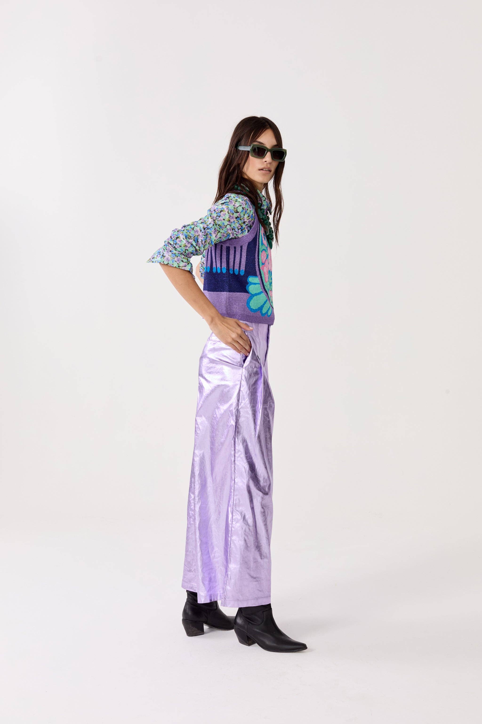 CULOTTE METALLIC LINEN PANTS in Violet