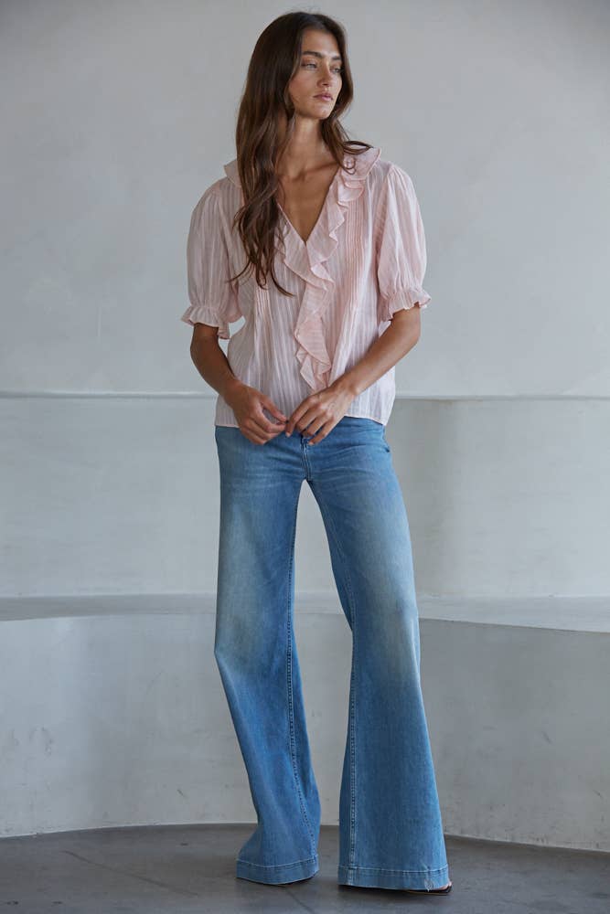 Woven V-Neck Short Sleeve Top