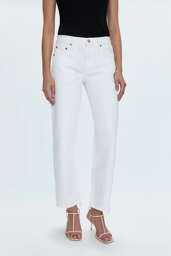 LEXI MID RISE BOWED STRAIGHT LEG JEANS in luxe white vintage