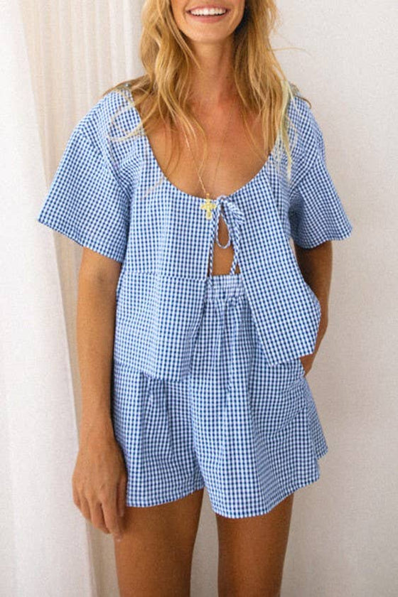 BLUE GINGHAM TIE FRONT TOP + SHORTS SET