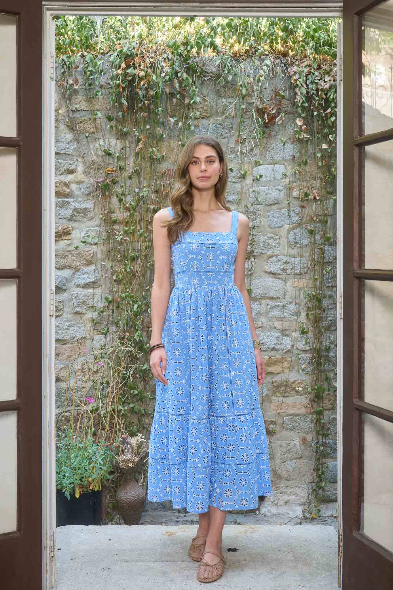 FLORAL EYELET MIDI DRESS