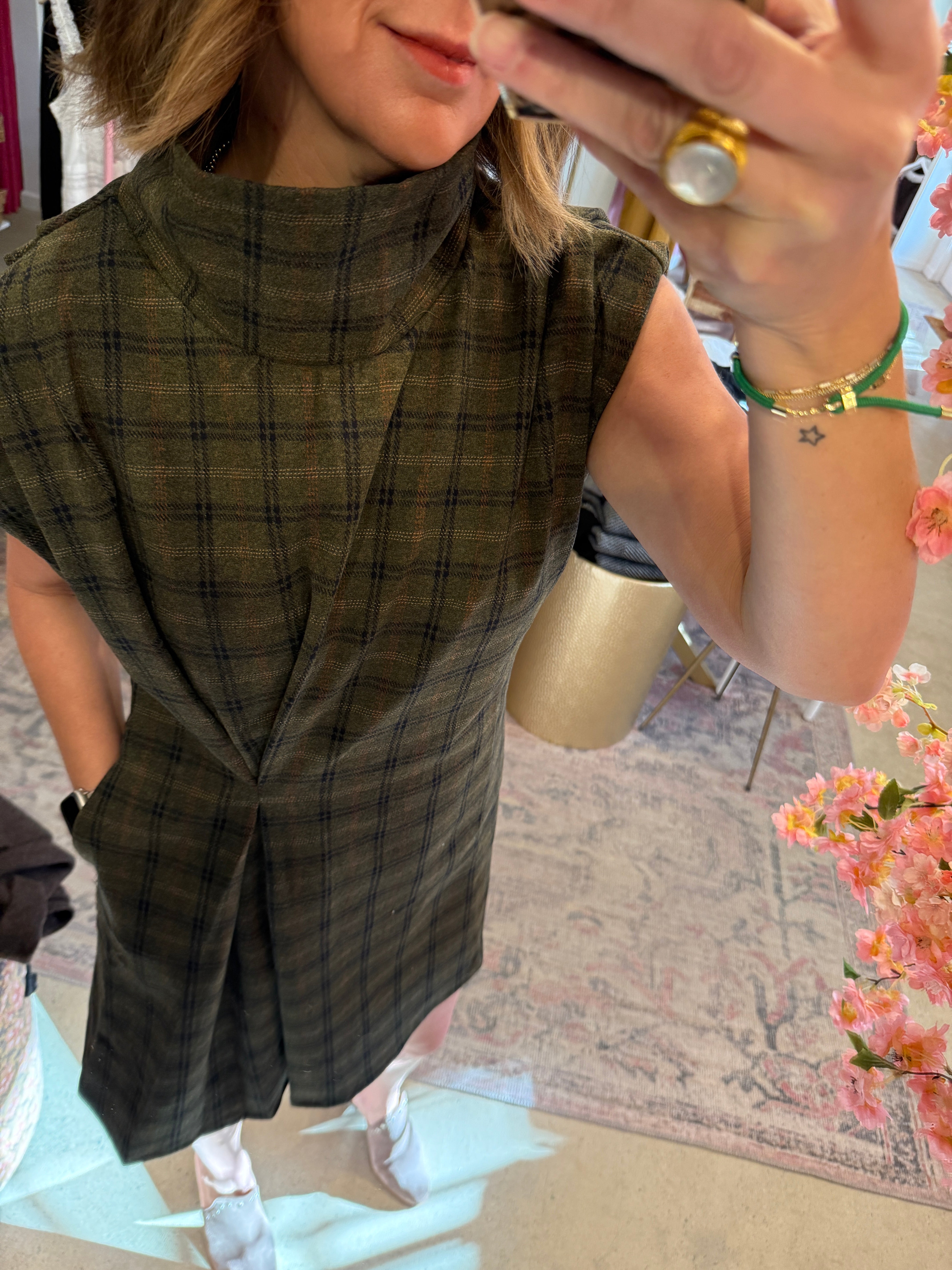 PLAID FUNNEL NECK DRESS