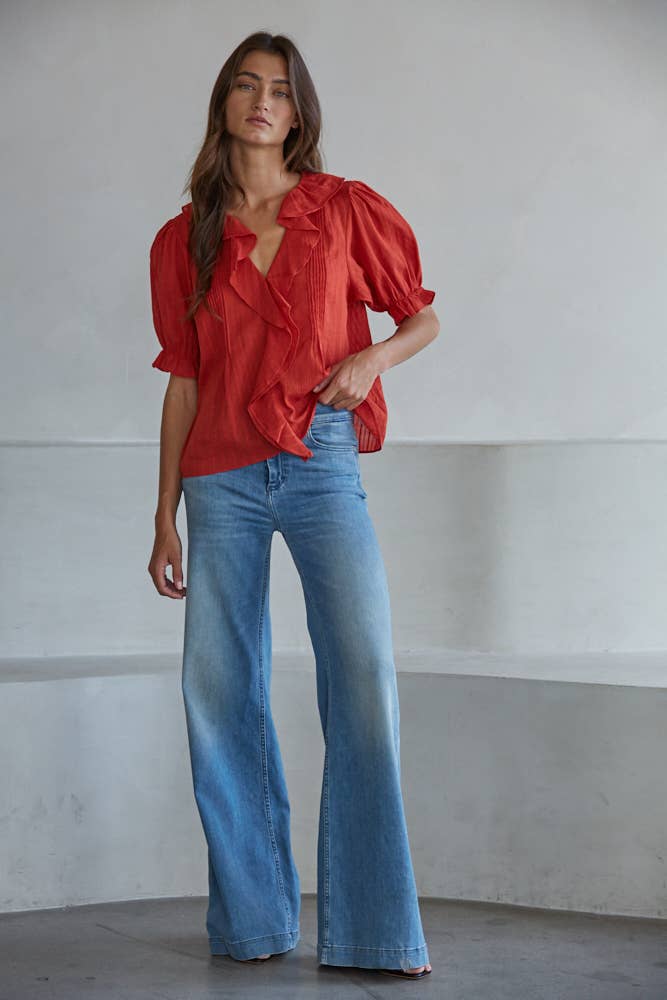 Woven V-Neck Short Sleeve Top