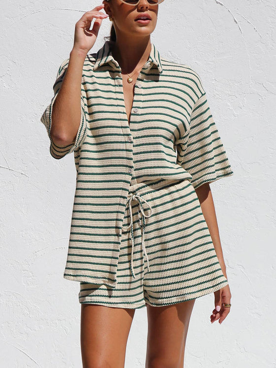 WAFFLE STRIPED SHIRT AND SHORTS SET