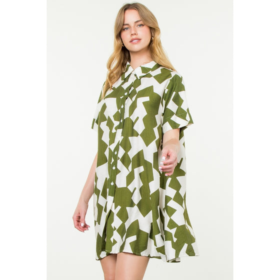 GEO PRINT BUTTON UP DRESS