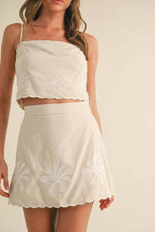  LINEN CAMI TOP AND MINI SKIRT SET WITH EMBROIDERY