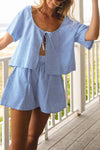 BLUE GINGHAM TIE FRONT TOP + SHORTS SET