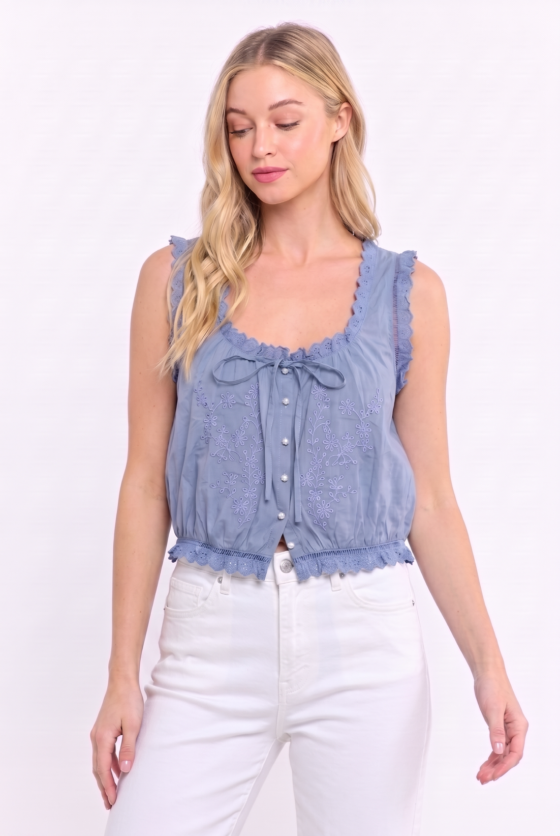 Embroidered Broderie  Cotton Sleeveless Top