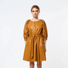  KINNA EMBROIDERED CUTWORK VEGAN LEATHER SHIRT DRESS