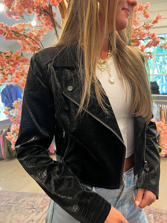 TEXTURED VEGAN LEATHER MOTO JACKET