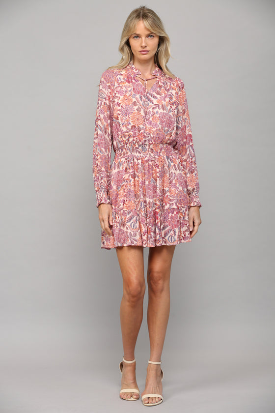 FLORAL PRINT RUFFLE DRESS WITH TIE