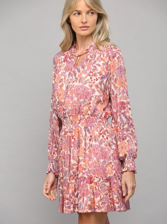 FLORAL PRINT RUFFLE DRESS WITH TIE