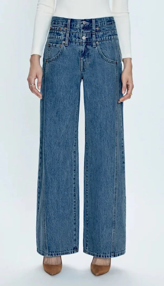 CALEB HIGH RISE RELAXED STACKED WAIST JEANS in echo