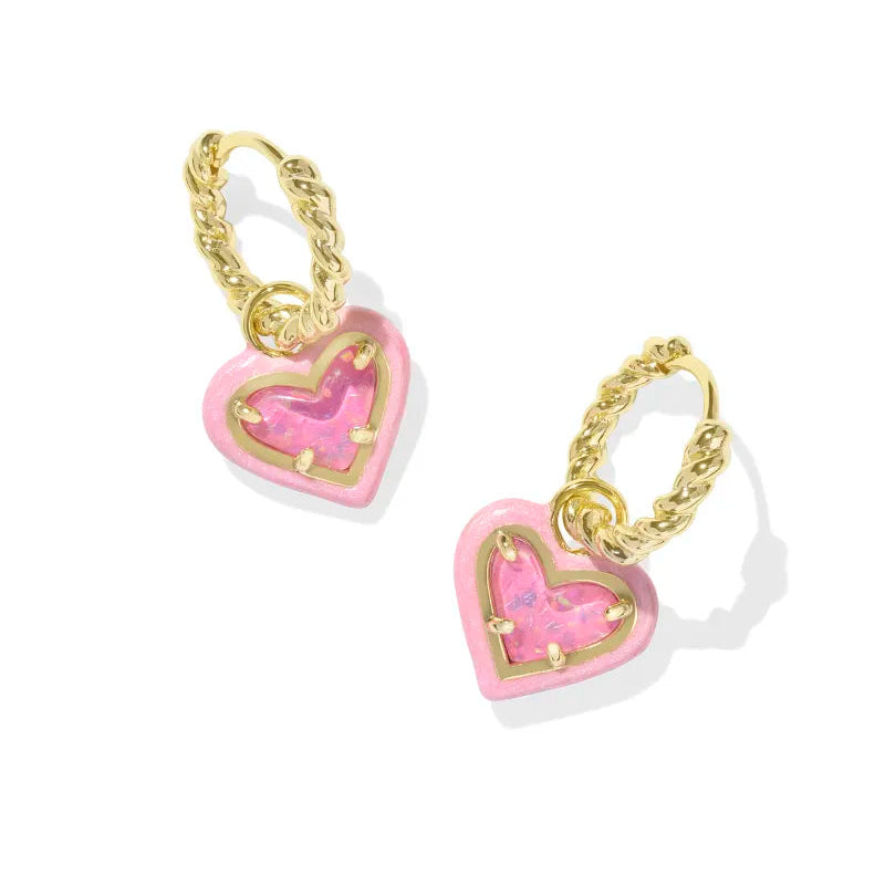 ARI HEART ENAMEL FRAME HUGGIE GOLD EARRING in pink iridescent glitter ...