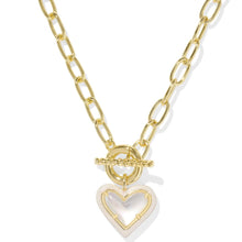  ARI HEART GOLD ENAMEL FRAME LINK AND CHAIN NECKLACE in ivory mother of pearl