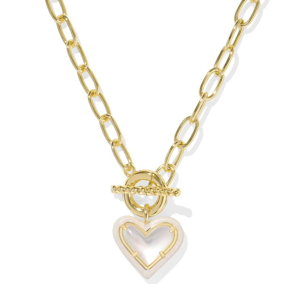 ARI HEART GOLD ENAMEL FRAME LINK AND CHAIN NECKLACE in ivory mother of pearl