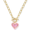 ARI HEART GOLD ENAMEL FRAME LINK AND CHAIN NECKLACE in pink iridescent glitter