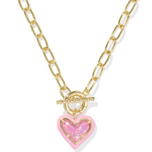  ARI HEART GOLD ENAMEL FRAME LINK AND CHAIN NECKLACE in pink iridescent glitter