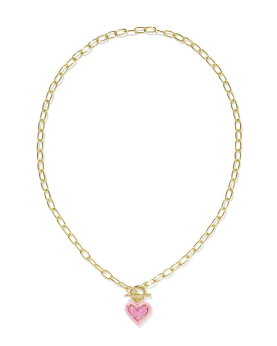 ARI HEART GOLD ENAMEL FRAME LINK AND CHAIN NECKLACE in pink iridescent glitter