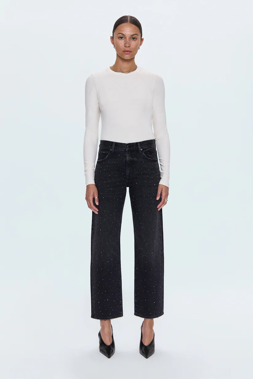 LEXI MID RISE BOWED STRAIGHT JEANS in silver screen