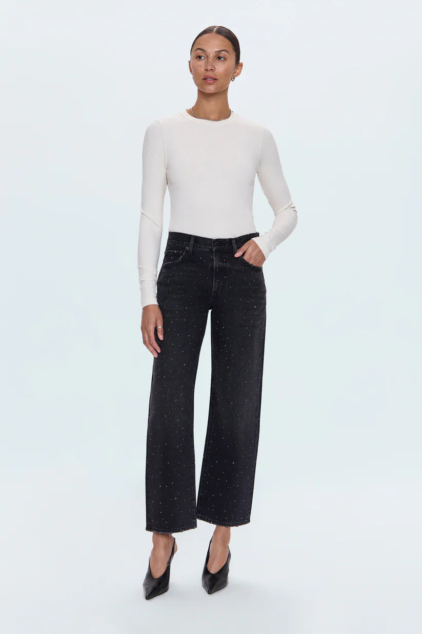 LEXI MID RISE BOWED STRAIGHT JEANS in silver screen