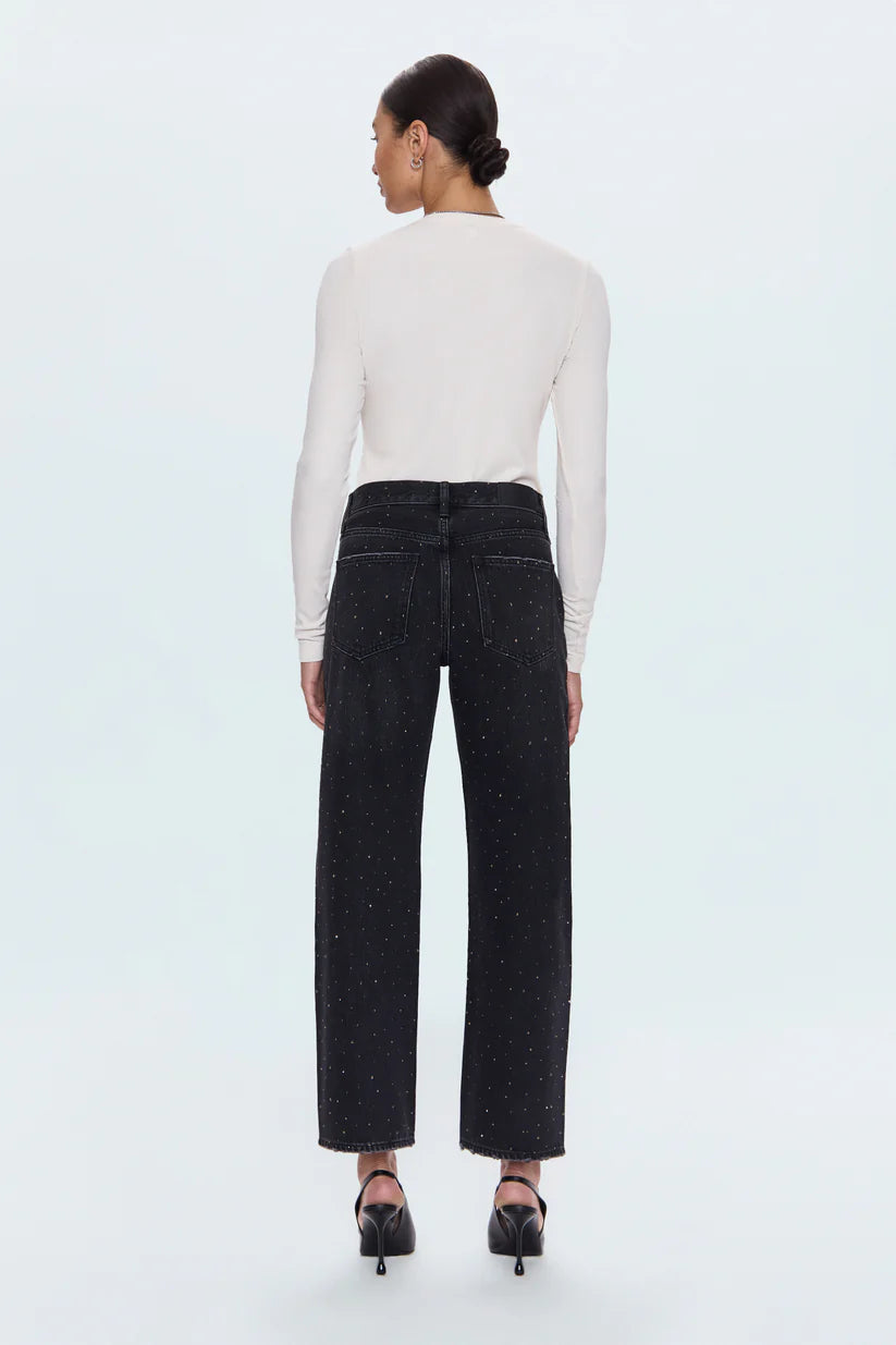 LEXI MID RISE BOWED STRAIGHT JEANS in silver screen