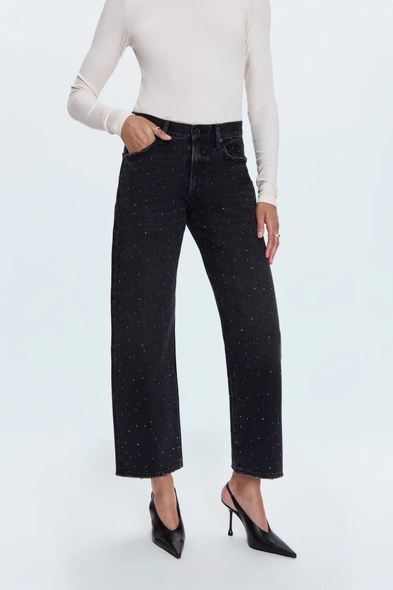 LEXI MID RISE BOWED STRAIGHT JEANS in silver screen