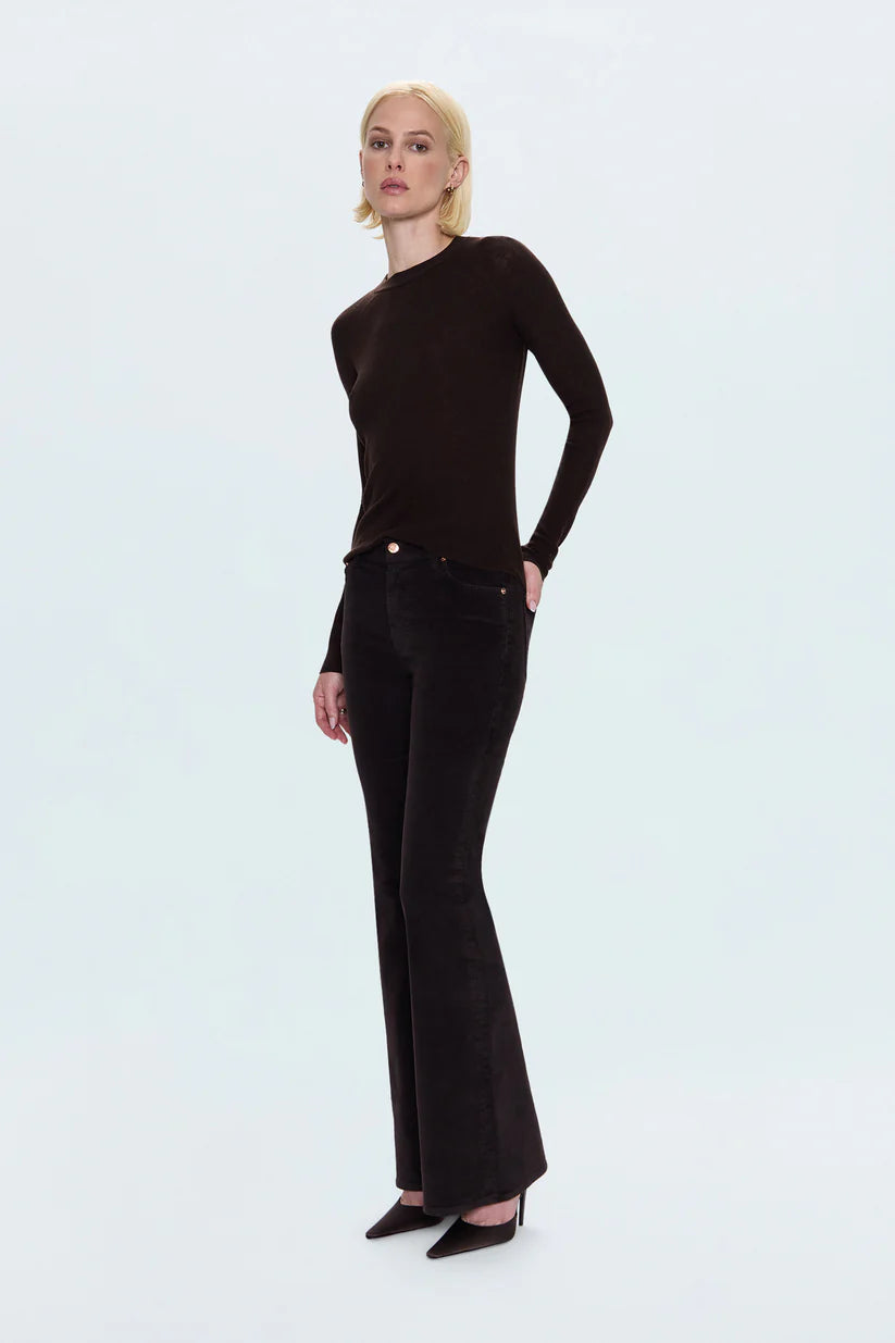 KINSLEY MID RISE ULTRA FLARE CORD PANTS in mocha