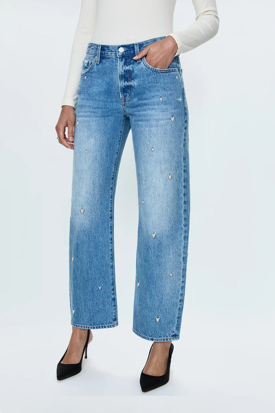 LEXI MID RISE BOWED HEART EMBROIDERED STRAIGHT JEANS