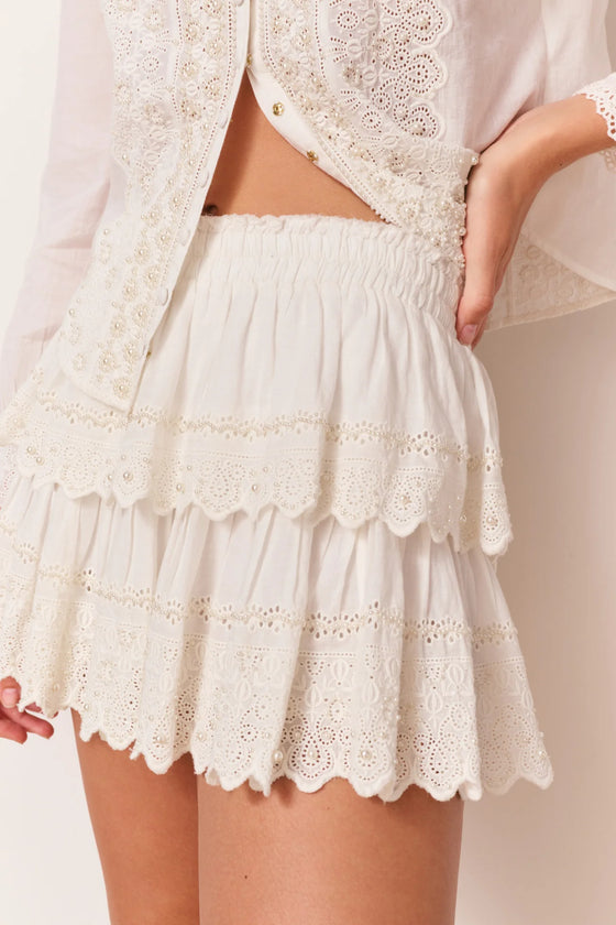 PEARLED RUFFLE MINI SKIRT