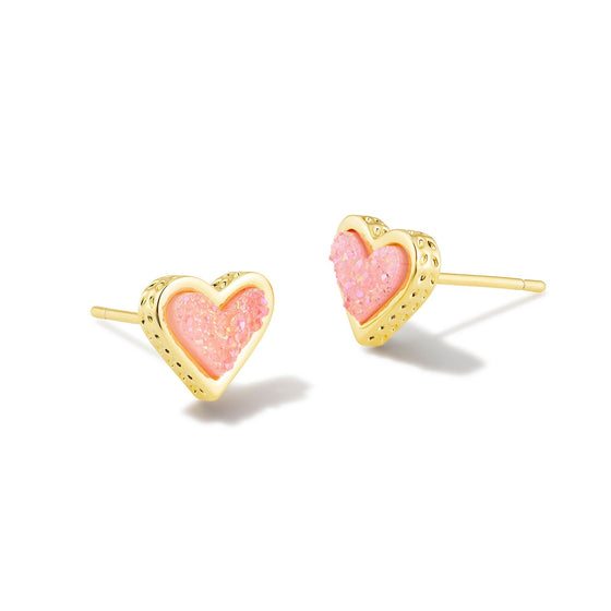 FRAMED ARI HEART GOLD STUD EARRINGS in light pink drusy