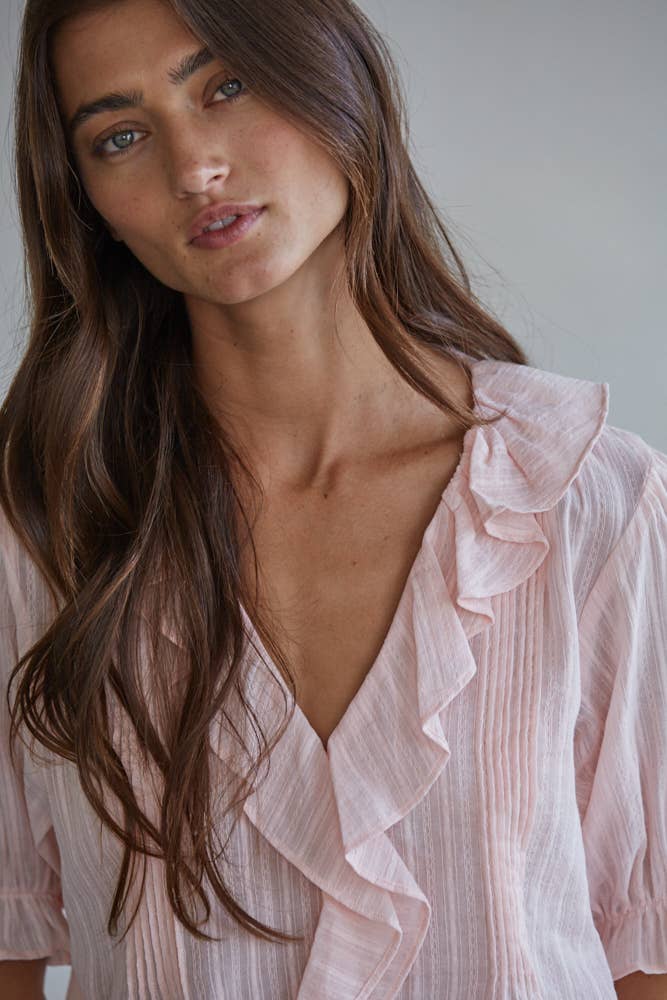 Woven V-Neck Short Sleeve Top