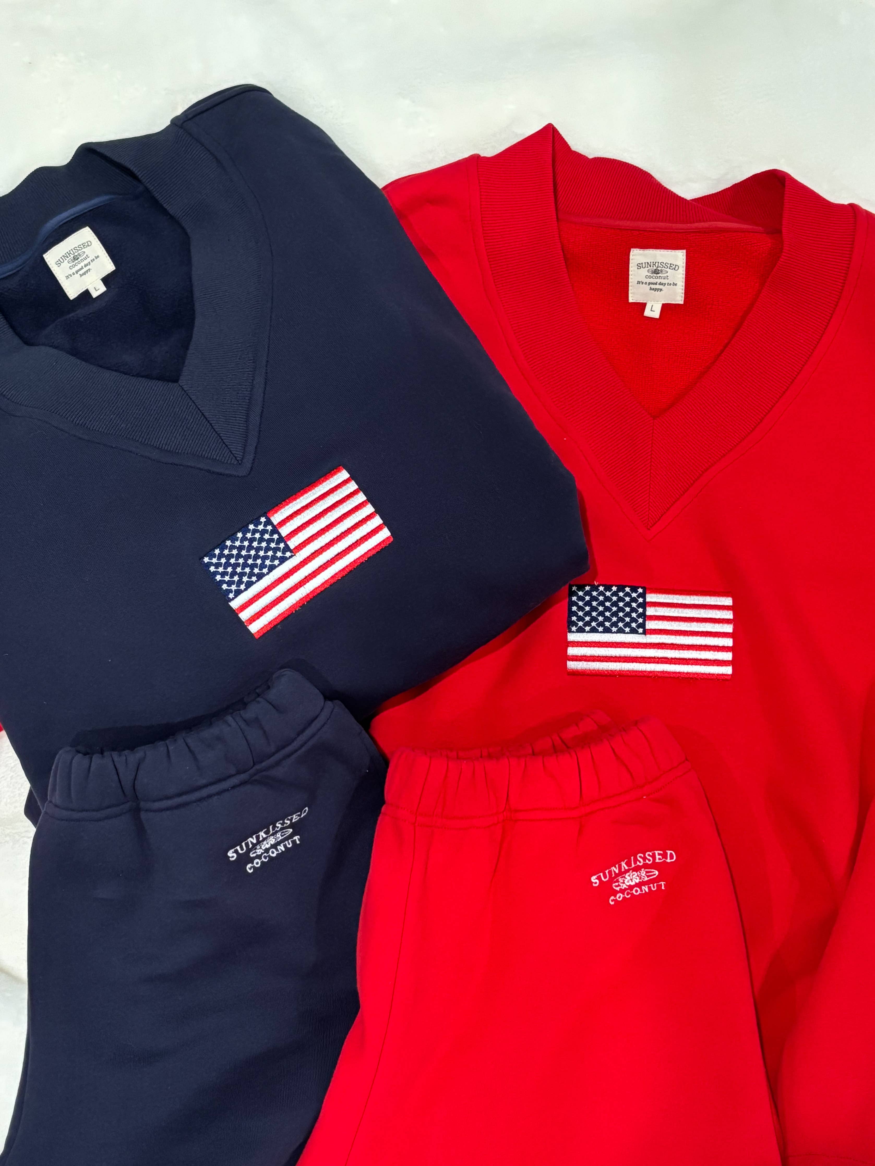 AMERICAN FLAG EMBROIDERED V-NECK SWEATSHIRT