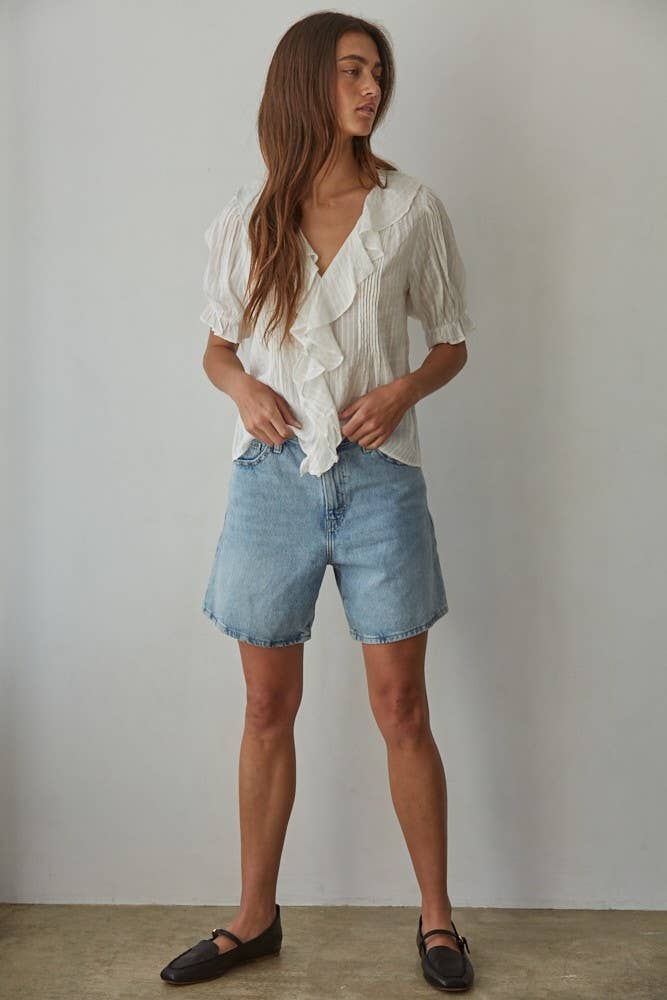Woven V-Neck Short Sleeve Top