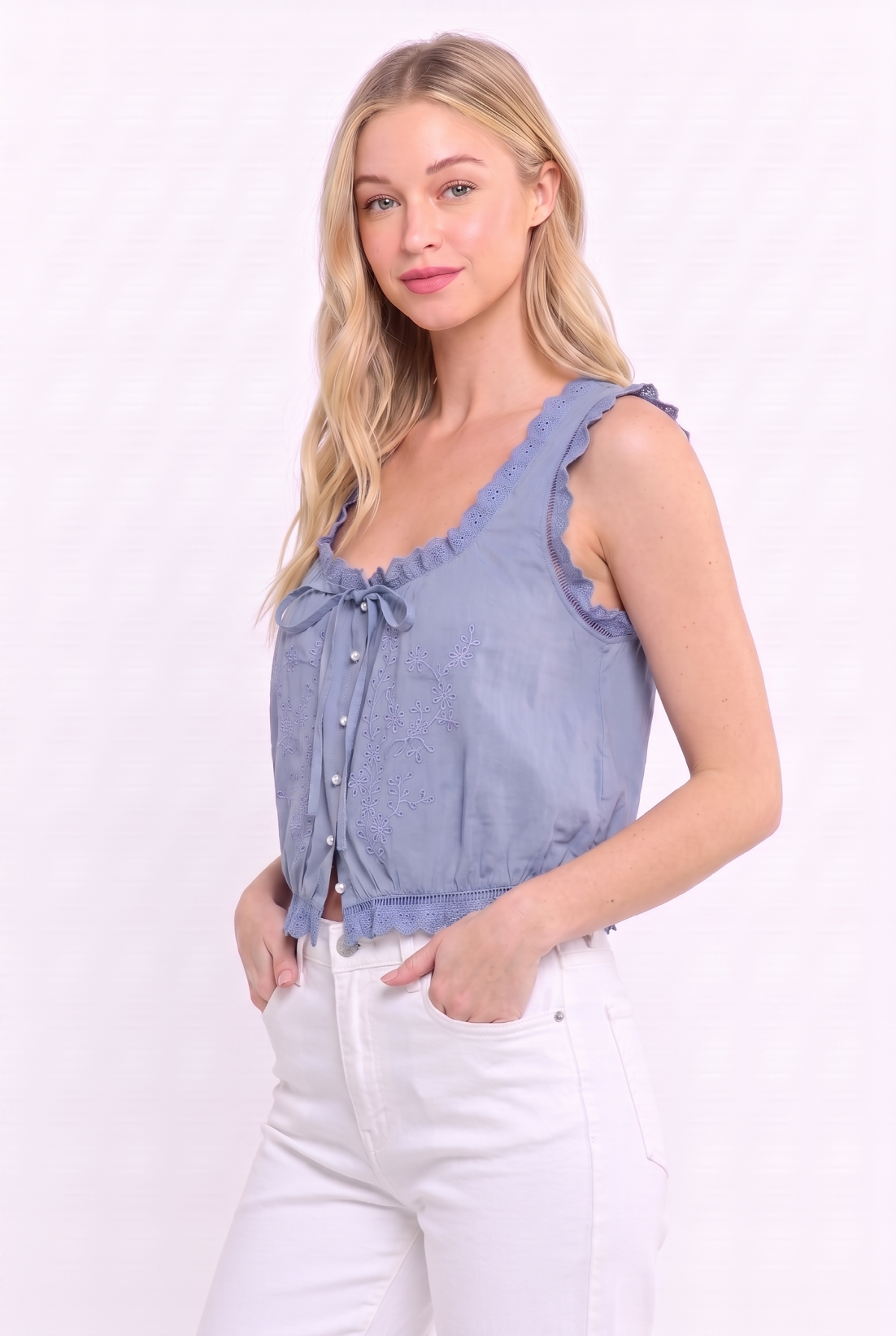Embroidered Broderie  Cotton Sleeveless Top