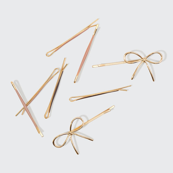 METAL ENAMEL CLOUD & BOW BOBBY PINS 8PC SET - Rosewood