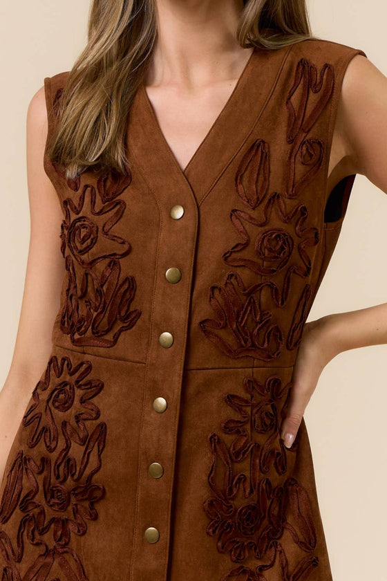 SLEEVELESS BUTTON-DOWN SUEDE DRESS