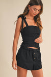 STRETCHY LINEN BUTTON DOWN TIE STRAP TOP