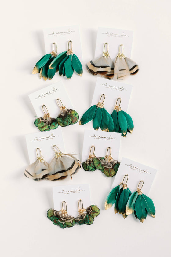 EMERALD GOLD DIPPED FEATHER TASSEL STATEMENT EARRINGS