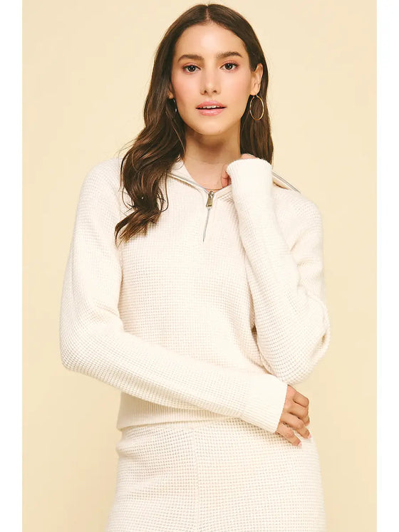 WAFFLE TEXTURED ZIP UP SWEATER