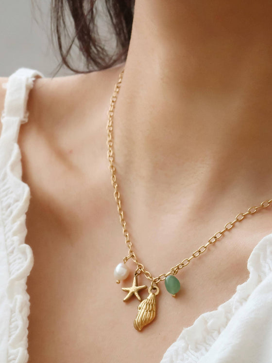 BONBON 18K GOLD NON-TARNISH PEARL AND SHELL CHARM NECKLACE