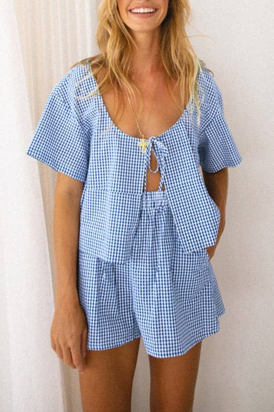 BLUE GINGHAM TIE FRONT TOP + SHORTS SET