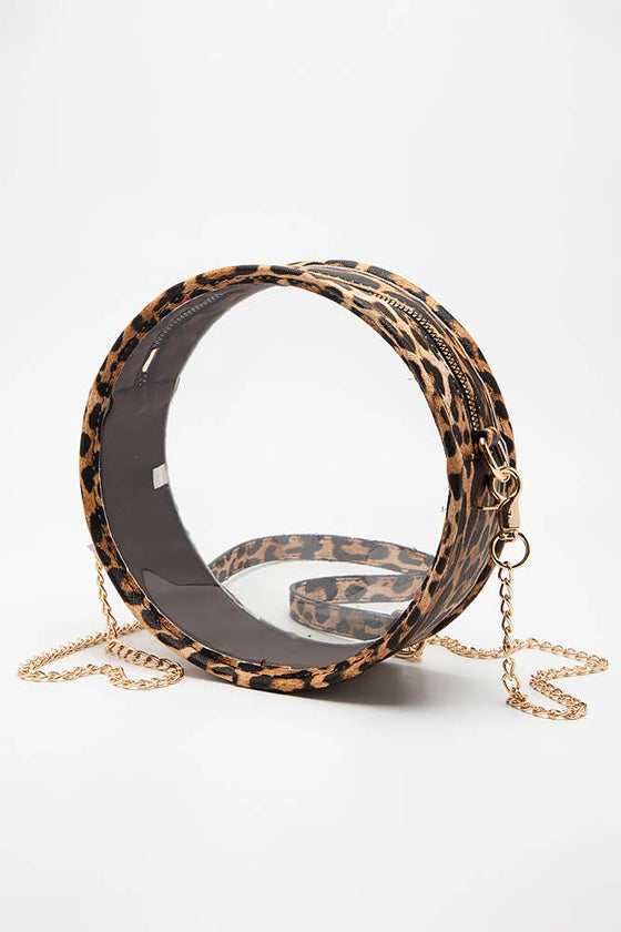 LEOPARD TRIM CLEAR ROUND CROSSBODY BAG