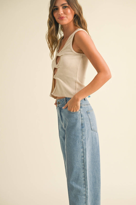 TWISTED DETAIL OPEN FRONT RIBBED TOP