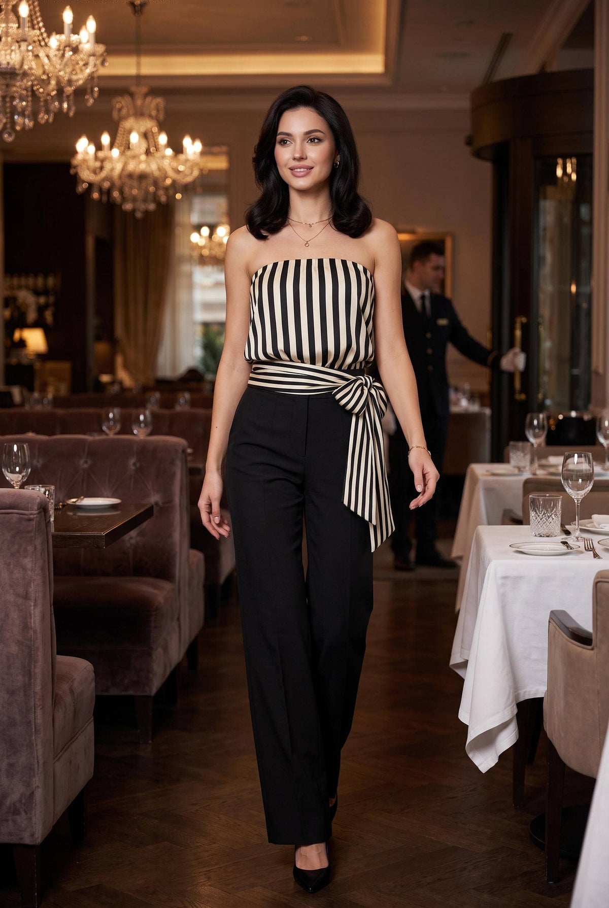 Striped Satin Strapless Tie Waist Top
