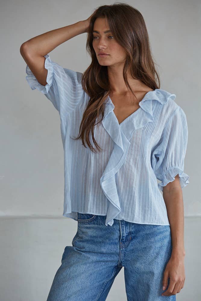 Woven V-Neck Short Sleeve Top