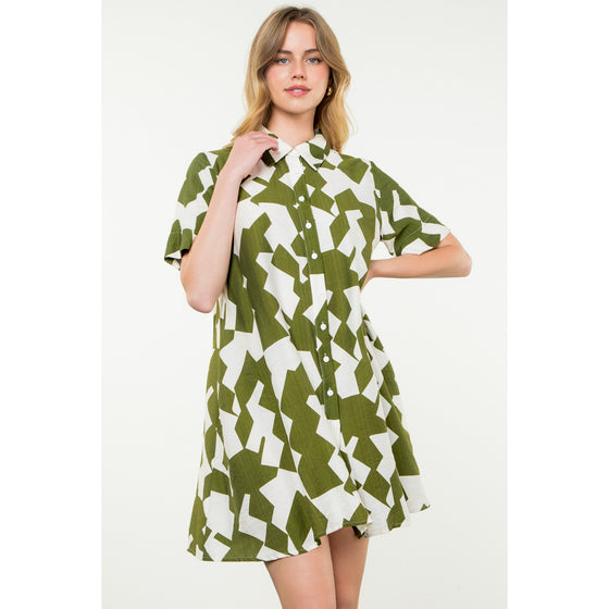 GEO PRINT BUTTON UP DRESS