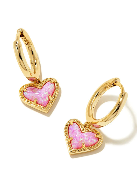 ARI HEART HUGGIE GOLD EARRINGS in bubblegum pink opal