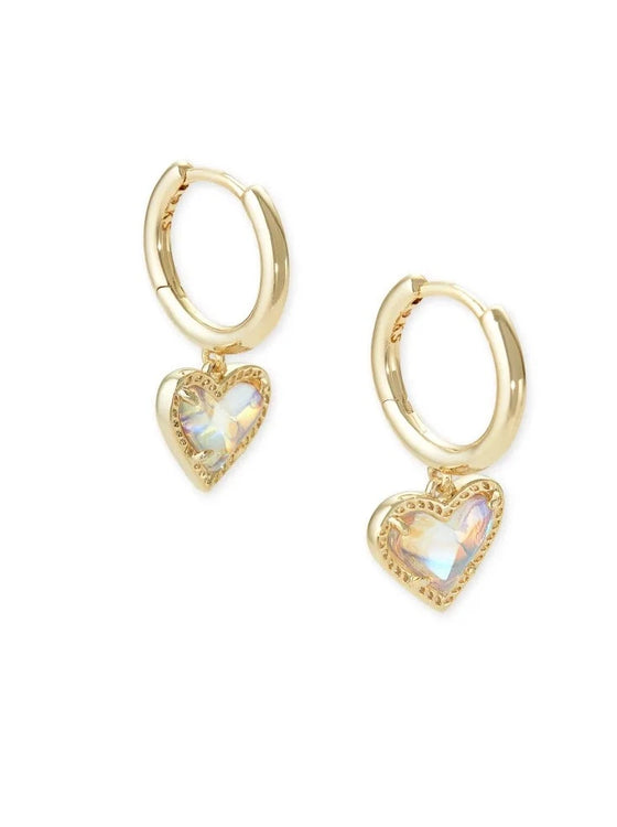 ARI HEART HUGGIE GOLD EARRINGS in dichroic glass